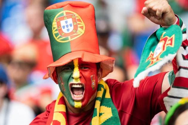 GER, Euro 2024, Group F, Georgia GEO vs Portugal PRT 26 06 2024, Veltins Arena Arena AufSchalke , Gelsenkirchen, GER, Euro 2024, Group F, Georgia GEO vs Portugal PRT In the picture made-up fan of Portugal POR , with hat, scarf, gestures, facial expressions, emotions, screams, cheers, has fun, is in a good mood, celebrates nordphotoxGmbHxx xChristianxSchulze nph000300
