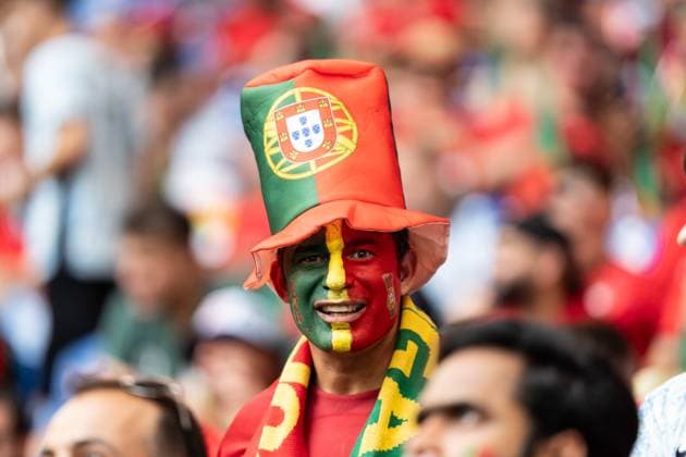 GER, Euro 2024, Group F, Georgia GEO vs Portugal PRT 26 06 2024, Veltins Arena Arena AufSchalke , Gelsenkirchen, GER, Euro 2024, Group F, Georgia GEO vs Portugal PRT In the picture made-up fan of Portugal POR , with hat, scarf, gestures, facial expressions, emotions, screams, cheers, has fun, is in a good mood, celebrates nordphotoxGmbHxx xChristianxSchulze nph000300