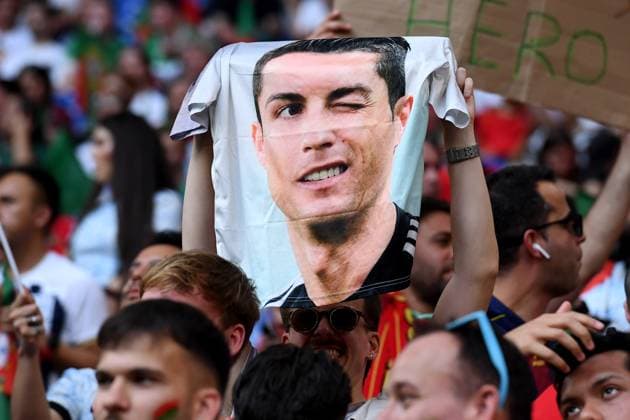 Soccer UEFA EURO 2024 group stage 3 matchday Georgia Portugal on 26 06 2024 at the Arena AufSchalke in Gelsenkirchen Fans spectators Portugal show a Ronaldo T Shirt xRx