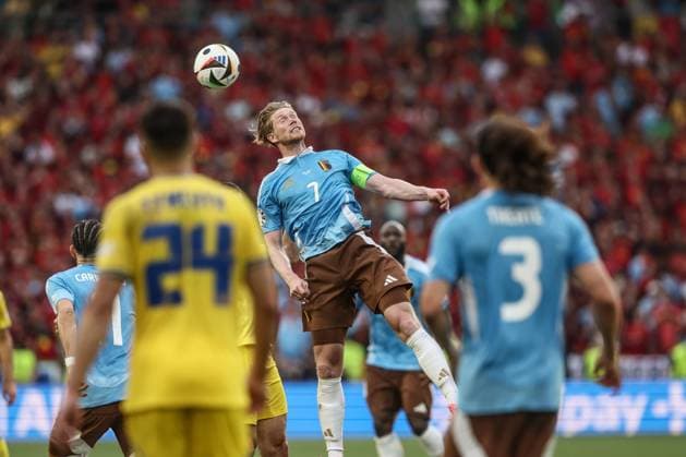 Belgium s Kevin De Bruyne pictured in action during a soccer game between Ukraine and Belgian national soccer team Red Devils, Wednesday 26 June 2024 in Stuttgart, Germany, the third match in the group stage of the UEFA EURO, EM, Europameisterschaft,Fussball 2024 European championships. BRUNOxFAHY  x95332379x