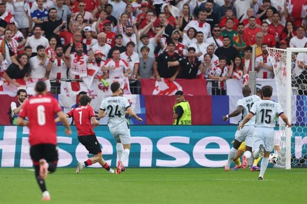 Khvicha Kvaratskhelia of Georgia scores the sides first goal to make it 1-0 to Georgia Georgia v Portugal, UEFA European Championship, EM, Europameisterschaft 2024, Group F, Football, Arena AufSchalke, Gelsenkirchen, Germany - 26 Jun 2024 EDITORIAL USE ONLY No use with unauthorised audio, video, data, fixture lists, club league logos or live services. Online in-match use limited to 120 images, no video emulation. No use in betting, games or single club league player publications. Copyright: xPaulxCurrie Shutterstockx 14555619bj