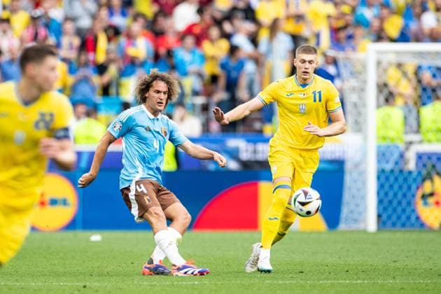 UEFA EURO 2024 Ukraine Belgium 26 06 2024 Wout Faes Belgium, 4 , Artem Dovbyk Ukraine, 11 UEFA EURO 2024 Ukraine Belgium Stuttgart Stadion, Stuttgart 26 06 2024 Copyright: xBEAUTIFULxSPORTS Buriakovx