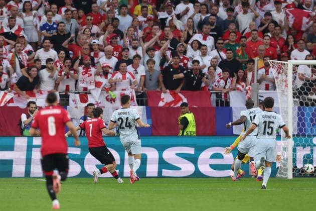 Khvicha Kvaratskhelia of Georgia scores the sides first goal to make it 1-0 to Georgia Georgia v Portugal, UEFA European Championship, EM, Europameisterschaft 2024, Group F, Football, Arena AufSchalke, Gelsenkirchen, Germany - 26 Jun 2024 EDITORIAL USE ONLY No use with unauthorised audio, video, data, fixture lists, club league logos or live services. Online in-match use limited to 120 images, no video emulation. No use in betting, games or single club league player publications. Copyright: xPaulxCurrie Shutterstockx 14555619bk