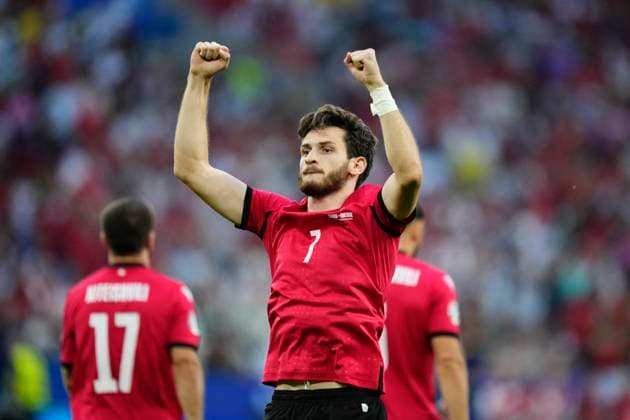 Georgia v Portugal: Group F - UEFA EURO, EM, Europameisterschaft,Fussball 2024 Khvicha Kvaratskhelia left winger of Georgia and SSC Napoli celebrates after scoring his sides first goal during the UEFA EURO 2024 group stage match between Georgia and Portugal at Arena AufSchalke on June 26, 2024 in Gelsenkirchen, Germany. Gelsenkirchen Germany  Copyright: xJosexBretonx originalFilename:bretonhernandez-georgiav240626_npMij.jpg