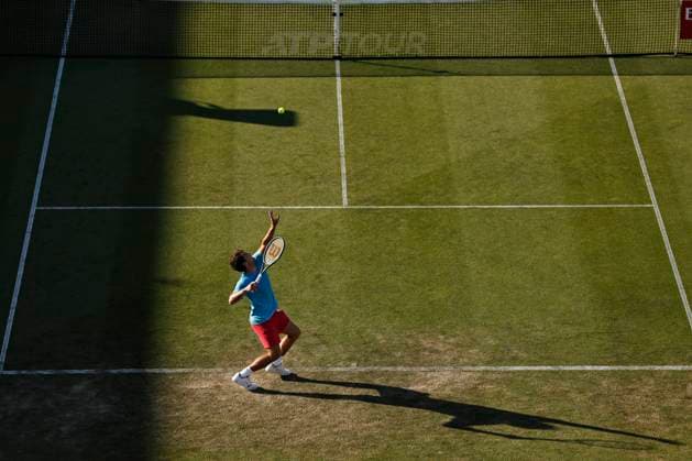 26th June 2024; Devonshire Park, Eastbourne, East Sussex, England: Rothesay International Eastbourne, Day 3; Thiago Seyboth Wild (BRA) serves to Taylor Fritz (USA)  ActionPlus12660919 HongboxChen