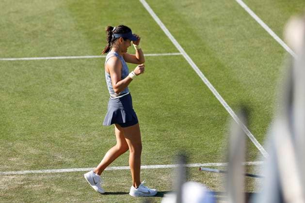26th June 2024; Devonshire Park, Eastbourne, East Sussex, England: Rothesay International Eastbourne, Day 3, Emma Raducanu (GBR) celebrates her victory after defeating Jessica Pegula (USA)  ActionPlus12660899 HongboxChen