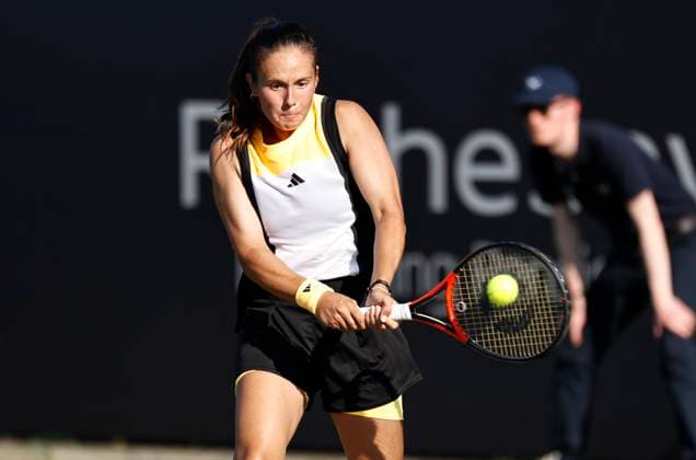26th June 2024; Devonshire Park, Eastbourne, East Sussex, England: Rothesay International Eastbourne, Day 3, Daria Kasatkina plays a backhand against Yue Yua (CHN)  ActionPlus12660910 HongboxChen