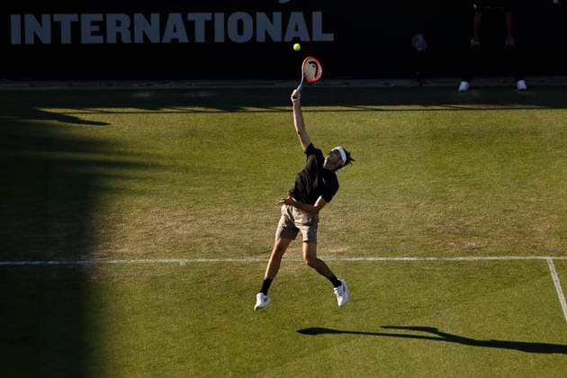 26th June 2024; Devonshire Park, Eastbourne, East Sussex, England: Rothesay International Eastbourne, Day 3; Taylor Fritz (USA) serves to Thiago Seyboth Wild (BRA)  ActionPlus12660921 HongboxChen