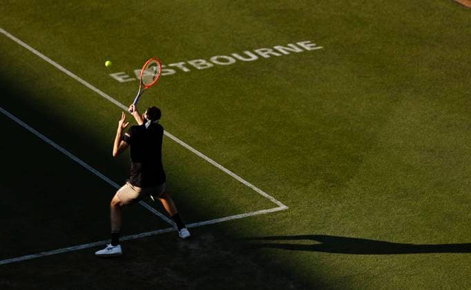 26th June 2024; Devonshire Park, Eastbourne, East Sussex, England: Rothesay International Eastbourne, Day 3; Taylor Fritz (USA) plays a forehand against Thiago Seyboth Wild (BRA)  ActionPlus12660927 HongboxChen