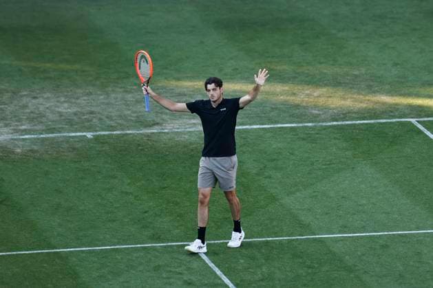 26th June 2024; Devonshire Park, Eastbourne, East Sussex, England: Rothesay International Eastbourne, Day 3; Taylor Fritz (USA) celebrates his victory after defeating Thiago Seyboth Wild (BRA)  ActionPlus12660932 HongboxChen