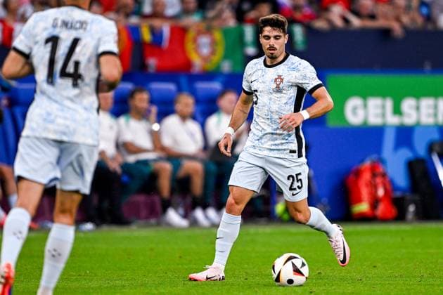 2024-06-26 Georgia v Portugal - Group F - UEFA EURO, EM, Europameisterschaft,Fussball 2024 GELSENKIRCHEN, GERMANY - JUNE 26: Pedro Neto of Portugal runs with the ball during the Group F - UEFA EURO 2024 match between Georgia and Portugal at Arena AufSchalke on June 26, 2024 in Gelsenkirchen, Germany. (Photo by Pablo Morano BSR Agency) Gelsenkirchen Germany Content not available for redistribution in The Netherlands directly or indirectly through any third parties. Copyright: xBSRxAgencyx