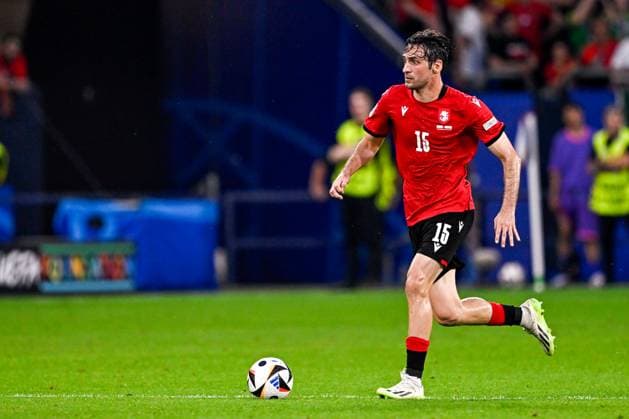 2024-06-26 Georgia v Portugal - Group F - UEFA EURO, EM, Europameisterschaft,Fussball 2024 GELSENKIRCHEN, GERMANY - JUNE 26: Giorgi Gvelesiani of Georgia runs with the ball during the Group F - UEFA EURO 2024 match between Georgia and Portugal at Arena AufSchalke on June 26, 2024 in Gelsenkirchen, Germany. (Photo by Pablo Morano BSR Agency) Gelsenkirchen Germany Content not available for redistribution in The Netherlands directly or indirectly through any third parties. Copyright: xBSRxAgencyx