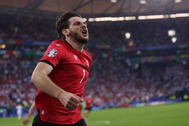 Georgia vs Portugal Khvicha Kvaratskhelia of Georgia celebrates after scoring a goal during the UEFA EURO, EM, Europameisterschaft,Fussball 2024 Group F match between Georgia and Portugal at Arena AufSchalke on June 26, 2024 in Gelsenkirchen, Germany. Gelsenkirchen Arena AufSchalke Germany Copyright: xMarcoxCanonierox