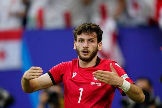 GER: Georgia and Portugal. UEFA EURO, EM, Europameisterschaft,Fussball 2024 Khvicha Kvaratskhelia of Georgia celebrates after scoring the opening goa during the UEFA Euro 2024 match between Georgia and Portugal, Group F, date 3, played at Veltins-Arena stadium on June 26, 2024 in Gelsenkirchen, Germany. Contributor Copyright: xPressinphotox PS_240626_GEO-POR_1548