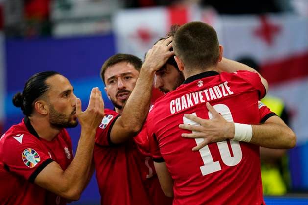 GER: Georgia and Portugal. UEFA EURO, EM, Europameisterschaft,Fussball 2024 Khvicha Kvaratskhelia of Georgia celebrates after scoring the opening goa during the UEFA Euro 2024 match between Georgia and Portugal, Group F, date 3, played at Veltins-Arena stadium on June 26, 2024 in Gelsenkirchen, Germany. Contributor Copyright: xPressinphotox PS_240626_GEO-POR_1546