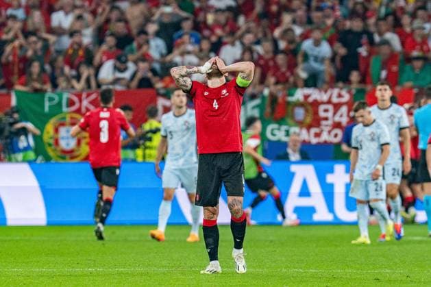 Guram Kashia Georgia, 4 after scoring 2-0 from Georges Mikautadzes penalty Georgia, 22 Georgia vs Portugal, Men, Football, Matchday 3, EURO 2024, 26 06 2024, European Championship, Group F Georgia vs Portugal, Men, Football, Matchday 3, EURO 2024, 26 06 2024, European Championship, Group F Gelsenkirchen Copyright: xEibner-Pressefoto BahhoxKarax EP_GEO