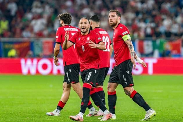 Giorgi Kochorashvili Georgia, 6 Georges Mikautadze Georgia, 22 Khvicha Kvaratskhelia Georgia, 7 Guram Kashia Georgia, 4 cheer Georgia vs Portugal, Men, Football, Matchday 3, EURO 2024, 26 06 2024, European Championship, Group F Georgia vs Portugal, Men, Football, Matchday 3, EURO 2024, 26 06 2024, European Championship, Group F Gelsenkirchen Copyright: xEibner-Pressefoto BahhoxKarax EP_GEO