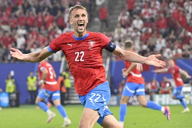 Czech Tomas Soucek celebrates goal during the Group F match of the European Football Championship: Turkey vs Czechia, in Hamburg, Germany, on June 26, 2024. (CTKxPhoto VitxSimanek) CTKPhotoP2024062609874  CTKPhotoP2024062609874