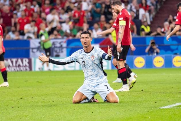 GER, Euro 2024, Group F, Georgia GEO vs Portugal PRT 26 06 2024, Veltins Arena Arena AufSchalke , Gelsenkirchen, GER, Euro 2024, Group F, Georgia GEO vs Portugal PRT In the picture Cristiano Ronaldo Portugal PRT, 7 on the ground, gets upset, gestures, facial expressions, emotions, raises his arms, nordphotoxGmbHxx xChristianxSchulze nph000300