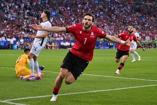 Germany Soccer Euro 2024 Georgia - Portugal 8716955 26.06.2024 Georgia s Khvicha Kvaratskhelia celebrates his goal during the UEFA EURO, EM, Europameisterschaft,Fussball 2024 Group F soccer match between Georgia and Portugal at the Veltins-Arena in Gelsenkirchen, Germany. Alexey Filippov Sputnik Gelsenkirchen Germany  Copyright: xAlexeyxFilippovx