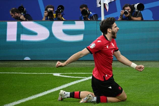 Germany Soccer Euro 2024 Georgia - Portugal 8716960 26.06.2024 Georgia s Khvicha Kvaratskhelia celebrates his goal during the UEFA EURO, EM, Europameisterschaft,Fussball 2024 Group F soccer match between Georgia and Portugal at the Veltins-Arena in Gelsenkirchen, Germany. Alexey Filippov Sputnik Gelsenkirchen Germany  Copyright: xAlexeyxFilippovx
