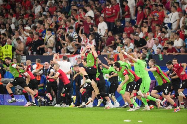 Soccer, UEFA EURO 2024, 20240626, Georgia Portugal In the picture Georgian bench celebrates victory at the final whistle Gelsenkirchen Arena on Schalke North Rhine-Westphalia Germany Copyright: Passion2Press MarkusxFischerx