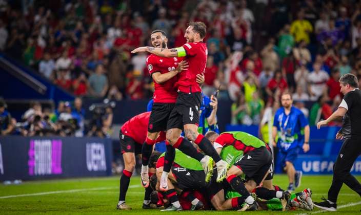 Gelsenkirchen, Germany 26th Jun 2024 Final jubilation Georges Mikautadze GEO Guram Kashia GEO Georgia Portugal Georgia Portugal 26 06 2024
