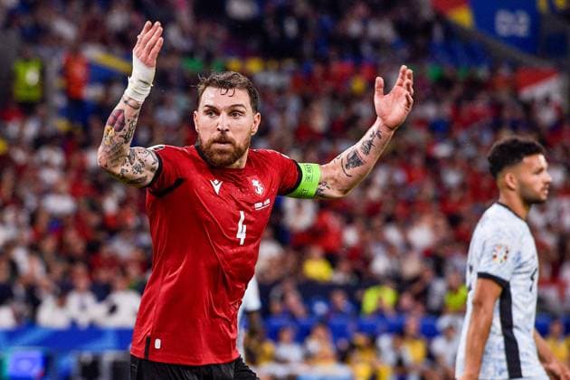 2024-06-26 Georgia v Portugal - Group F - UEFA EURO, EM, Europameisterschaft,Fussball 2024 GELSENKIRCHEN, GERMANY - JUNE 26: Guram Kashia of Georgia looks surprised during the Group F - UEFA EURO 2024 match between Georgia and Portugal at Arena AufSchalke on June 26, 2024 in Gelsenkirchen, Germany. (Photo by Pablo Morano BSR Agency) Gelsenkirchen Germany Content not available for redistribution in The Netherlands directly or indirectly through any third parties. Copyright: xBSRxAgencyx