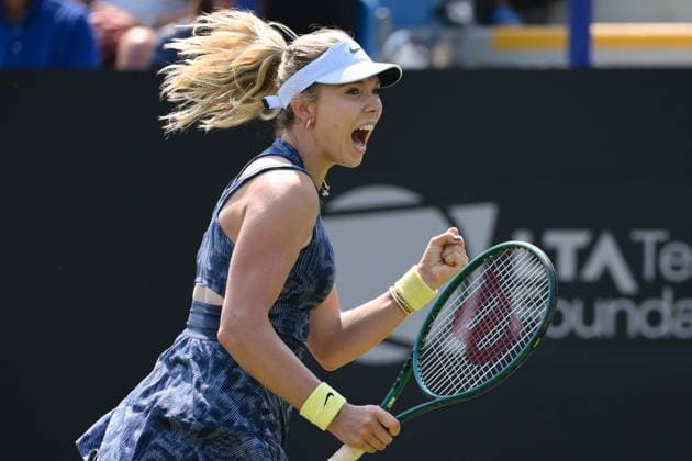 Lawn Tennis - 2024 ATP, Tennis Herren Rothesay International Eastbourne Tournament - Devonshire Park, Eastbourne - Wednesday 26th June 2024. Katie Boulter (GBR) celebrates her victory in her Women™s Singles 2nd Round Match against Jelena Ostapenko (LAT) 6-4, 7-5. COLORSPORT Ashley Western 