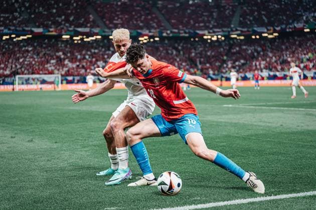 Soccer Men UEFA European Football Championship 2024 Group F Czech Republic v Turkey 26 06 2024 v l Baris Yilmaz 21, Turkey v Ladislav Krejci 18, Czech Republic Berlin Olympiastadion Berlin Germany