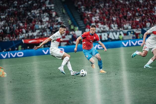 Soccer Men UEFA European Football Championship 2024 Group F Czech Republic vs Turkey 26 06 2024 v l Mert Müldür 18, Turkey and Matej Jurasek 26, Czech Republic Berlin Olympiastadion Berlin Germany