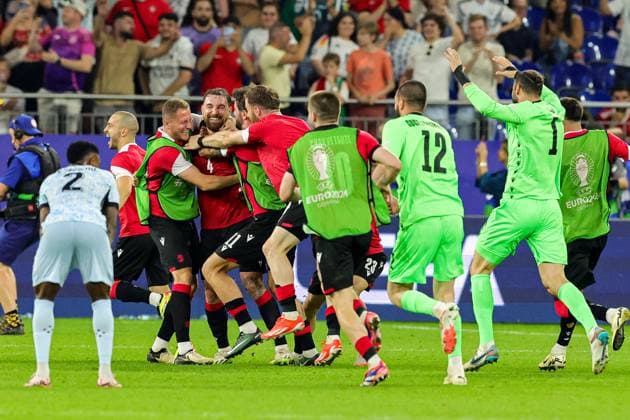 Georgia v Portugal Euro 2024 26 06 2024. Group F Georgia celebrates winning the match during the Euro 2024 match between Georgia and Portugal at Arena AufSchalke, Gelsenkirchen, Germany on 26 June 2024. Editorial use only , Copyright: xNigelxKeenex PSI-19825-0040