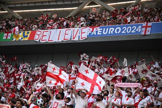 Germany Soccer Euro 2024 Georgia - Portugal 8717052 26.06.2024 Supporters of Georgia cheer during the UEFA EURO, EM, Europameisterschaft,Fussball 2024 Group F soccer match between Georgia and Portugal at the Veltins-Arena in Gelsenkirchen, Germany. Alexey Filippov Sputnik Gelsenkirchen Germany  Copyright: xAlexeyxFilippovx