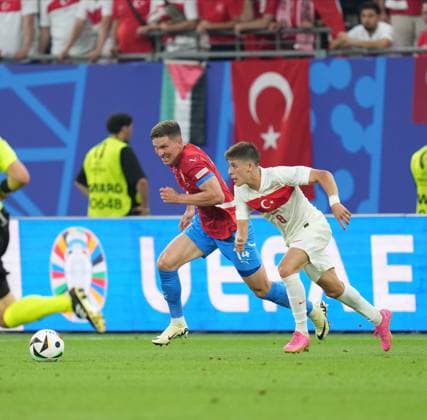 Turkiye s player Arda Guler (R) and Lukas Provod during UEFA EURO, EM, Europameisterschaft,Fussball 2024 Group F football match between Turkiye and Czechia at Volksparkstadion in Hamburg, Germany, on 26 June, 2024. (Mehmet Sirin Toplaoglu - Depo Photos) 18364652