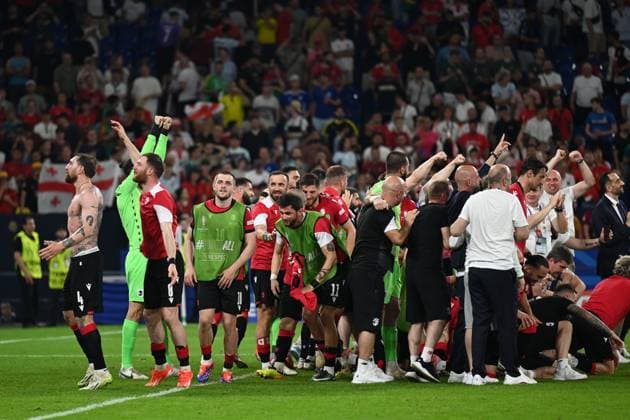 Final joy (Georgia) during the UEFA EURO, EM, Europameisterschaft,Fussball Germany 2024 match between Georgia 2-0 Portugal at Arena AufSchalke on June 26, 2024 in Gelsenkirchen, Germany. Noxthirdxpartyxsales  (257799047)