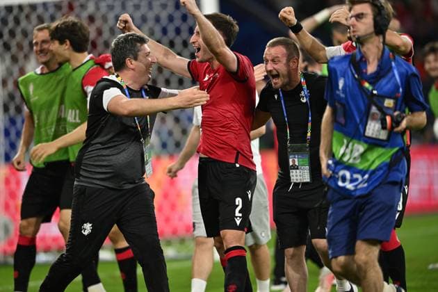 Final joy (Georgia) during the UEFA EURO, EM, Europameisterschaft,Fussball Germany 2024 match between Georgia 2-0 Portugal at Arena AufSchalke on June 26, 2024 in Gelsenkirchen, Germany. Noxthirdxpartyxsales  (257799132)