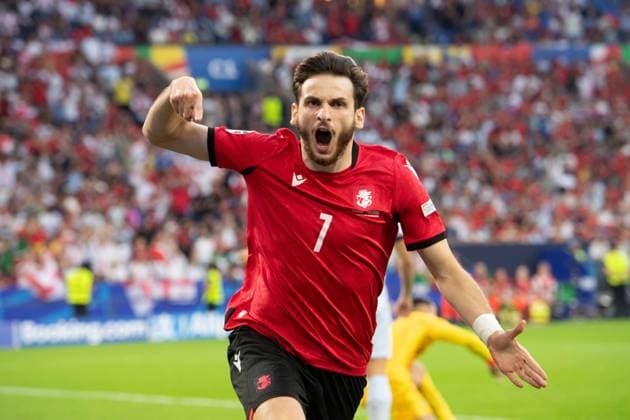 Khvicha Kvaratskhelia GEO cheers after his goal for 1 0, cheers, jubilation, joy, cheers, Group Stage Group F Georgia GEO Portugal POR 2 0 on 26 06 2024 Stadion Auf Schalke in Gelsenkirchen, Football UEFA EURO 2024 GERMANY from 14 06 2024 14 07 2024 Â