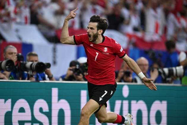 Khvicha Kvaratskhelia (Georgia) celebrates after scoring his team s first goal during the UEFA EURO, EM, Europameisterschaft,Fussball Germany 2024 match between Georgia 2-0 Portugal at Arena AufSchalke on June 26, 2024 in Gelsenkirchen, Germany. Noxthirdxpartyxsales  (257799801)