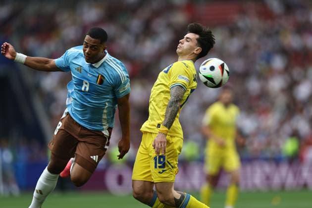 Youri Tielemans (Belgium)Mykola Shaparenko (Ukraine) during the UEFA EURO, EM, Europameisterschaft,Fussball Germany 2024 match between Ukraine 0-0 Belgium at Stuttgart Arena on June 26, 2024 in Stuttgart, Germany. Noxthirdxpartyxsales  (257800104)
