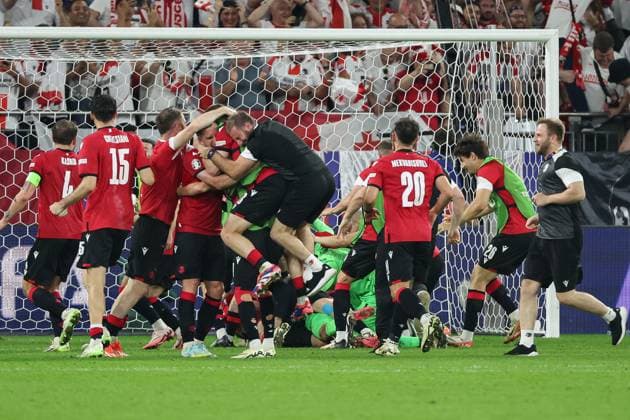 Euro 2024 Georgia Portugal on 26 06 2024 in the Arena AufSchalke in Gelsenkirchen Cheers and joy at the victory for the Georgia team MH