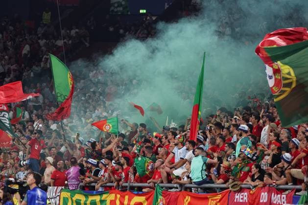 European Championship 2024 Georgia Portugal on 26 06 2024 in the Arena AufSchalke in Gelsenkirchen The Portugal fans light green smoke pyrotechnics MH