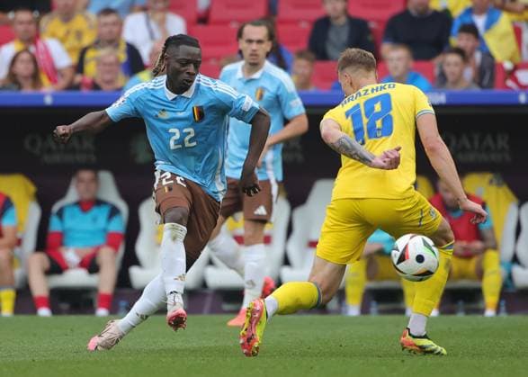 (240627) -- STUTTGART, June 27, 2024 -- Jeremy Doku (L) of Belgium vies with Volodymyr Brazhko of Ukraine during the UEFA EURO, EM, Europameisterschaft,Fussball 2024 Group E match between Belgium and Ukraine in Stuttgart, Germany, June 26, 2024. (Photo by Xinhua) (SP)GERMANY-STUTTGART-FOOTBALL-EURO 2024-BELGIUM VS UKRAINE PhilippexRuiz 