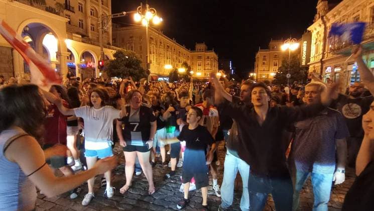 GEORGIA, TBILISI - JUNE 27, 2024: Football fans celebrate Georgiaâ€™s victory over Portugal in their UEFA EURO, EM, Europameisterschaft,Fussball 2024 Group F match. Georgiaâ€™s national team, Nationalteam won 2-0 to secure qualification to the knockout stages of the tournament. Inna Kukudzhanova TASS  0701942897st