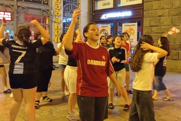 GEORGIA, TBILISI - JUNE 27, 2024: Seen in this video screen grab are football fans celebrating Georgiaâ€™s victory over Portugal in their UEFA EURO, EM, Europameisterschaft,Fussball 2024 Group F match. Georgiaâ€™s national team, Nationalteam won 2-0 to secure qualification to the knockout stage of the tournament. Video grab. Best possible quality. Inna Kukudzhanova TASS  0701943983st