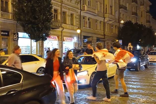 GEORGIA, TBILISI - JUNE 27, 2024: Seen in this video screen grab are football fans celebrating Georgiaâ€™s victory over Portugal in their UEFA EURO, EM, Europameisterschaft,Fussball 2024 Group F match. Georgiaâ€™s national team, Nationalteam won 2-0 to secure qualification to the knockout stage of the tournament. Video grab. Best possible quality. Inna Kukudzhanova TASS  0701943992st
