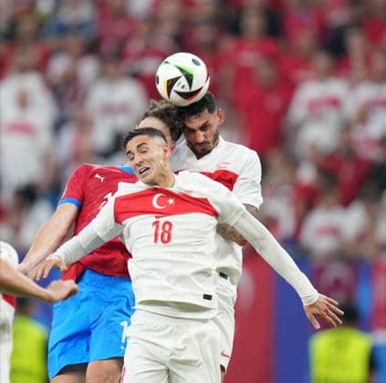 Euro 2024 - Turkey v Czechia Turkiye s players Mert Muldur (front) and Kaan Ayhan during UEFA EURO, EM, Europameisterschaft,Fussball 2024 Group F football match between Turkiye and Czechia at Volksparkstadion in Hamburg, Germany, on 26 June, 2024. Photo by Mehmet Sirin Toplaoglu Depo Photos ABACAPRESS.COM Hamburg Germany  Copyright: xDepoxPhotos ABACAx