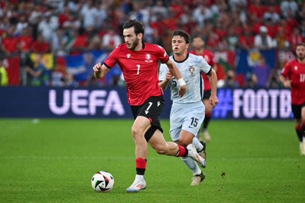Khvicha Kvaratskhelia Georgia , Joao Neves Portugal , v li 26 06 2024, European Football Championship 2024, Preliminary round, Matchday 3 Georgia Portugal 2 0 Gelsenkirchen Veltins Arena Nordrhein Westfalen Germany Team2