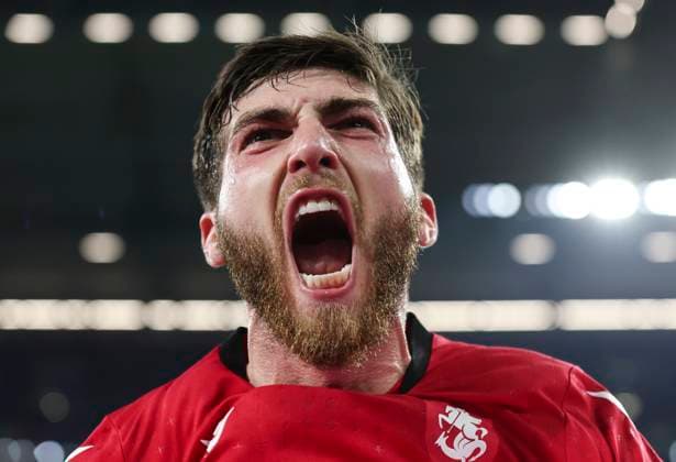 Football - 2024 UEFA European Championship, EM, Europameisterschaft Finals - Group F - Gerogia vs Portugal - Arena AufSchalke, Gelsenkirchen - Wednesday 26th Junes 2024 Giorgi Tsitaishvili of Georgia celebrates at full time as Georgia qualify for the next round of Euro 2024 