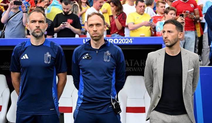 BAU 26 06 2024 Stuttgart Football EM 2024 Ukraine vs Belgium, from left goalkeeper coach Max Urwantschky BEL , co-coach Andreas Hinkel, coach Domenico Tedesco BEL