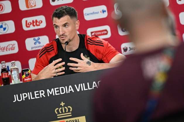 Belgium Media Activities - UEFA EURO, EM, Europameisterschaft,Fussball 2024 27 06 2024 FREIBERG AM NECKA, GERMANY - JUNE 27 : Meunier Thomas defender of Belgium talking to the press during a press conference, PK, Pressekonferenz of the Belgian Red Devils at the UEFA EURO 2024 European Football Championship tournament on June 27, 2024 in Freiberg am Necka, Germany, 27 06 2024 Freiberg am Necka Germany  Copyright: xPeterxDexVoechtx
